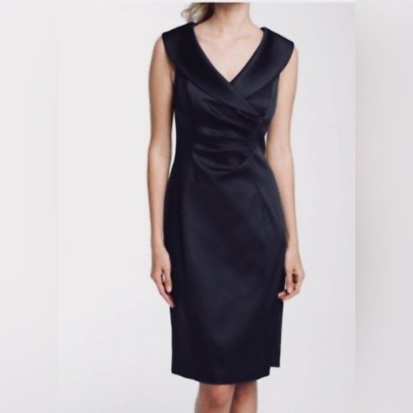 Tahari ASL Rushed Waist Sleeveless Shawl Collar Cocktail Zip Back Lined Dress - Picture 1 of 11